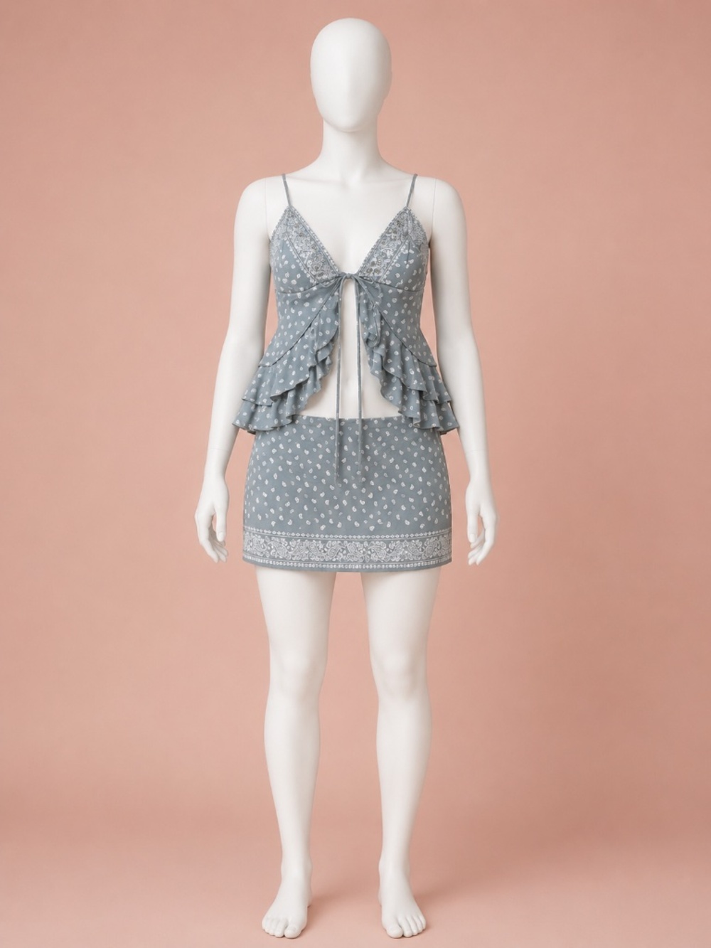Gray Paisley Tie-Front Ruffle Camisole & Mini Skirt Set